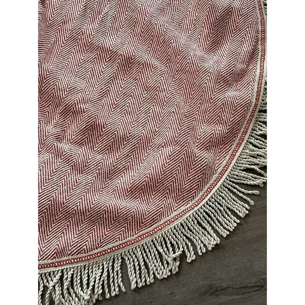 Merry Christmas Tree Skirt Boho Bohemian Farmhouse Chic Red Beige Fringe 48